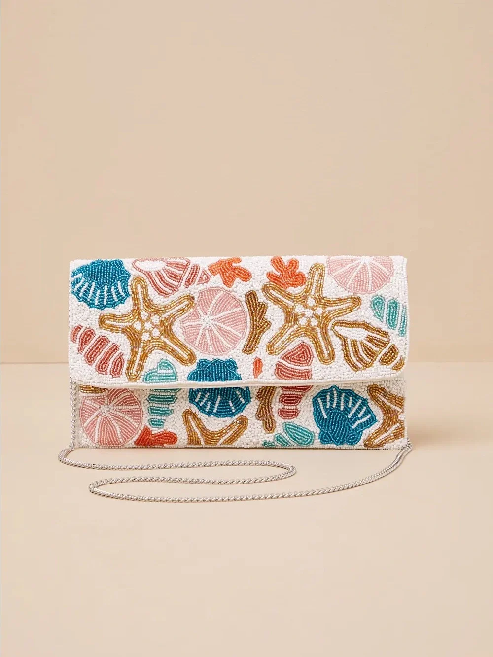 Beaded Seashell Clutch - White Multicolor